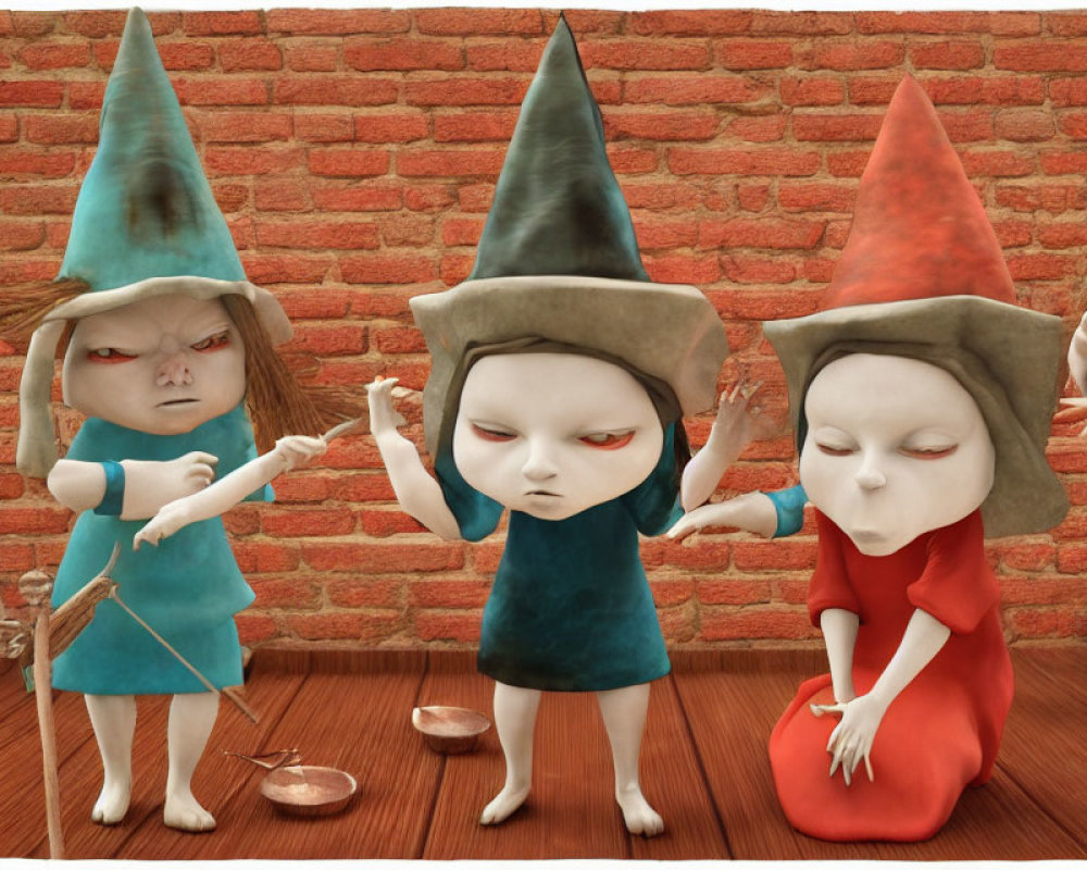 Three Animated Witches with Pointy Hats Against Brick Wall