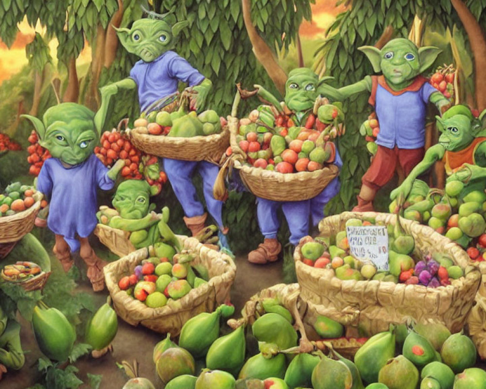 Green aliens with pointed ears selling fruits in rural setting.