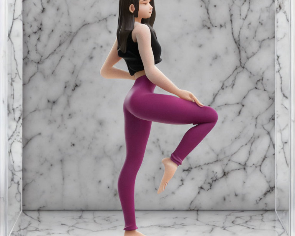 3D animated female character in yoga pose with marble background