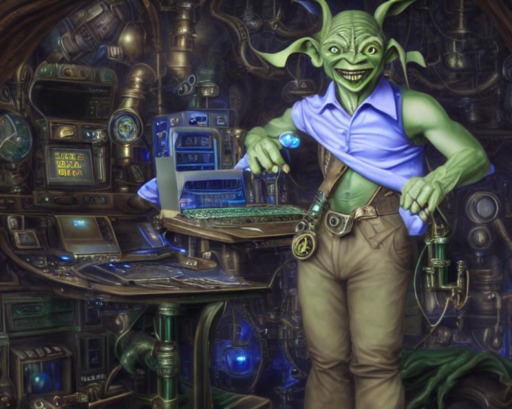 Green-skinned character with orb and sword at futuristic control panel