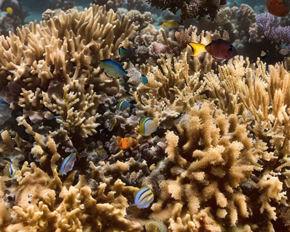 Colorful Coral Structures and Tropical Fish in Underwater Scene