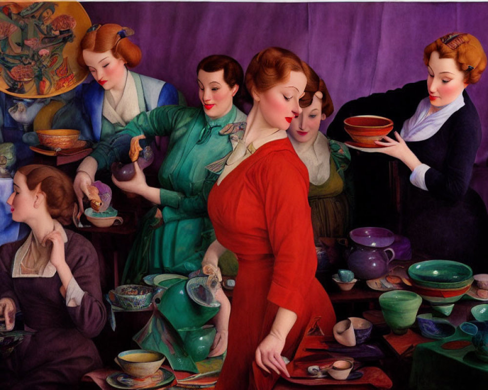 Six women in vintage clothing with colorful pottery and bowls.