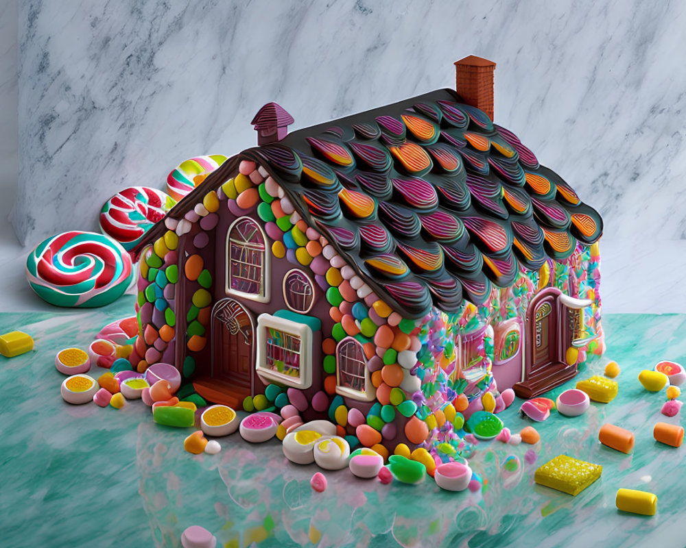 Colorful Candy Decorated Gingerbread House on Marbled Surface