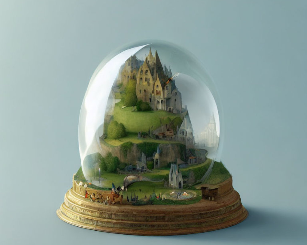 Miniature Fantasy Village Encased in Glass Dome on Gold-Toned Base