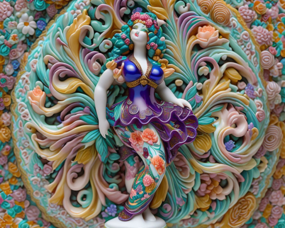 Colorful Ceramic Sculpture of Woman in Traditional Attire with Floral Background