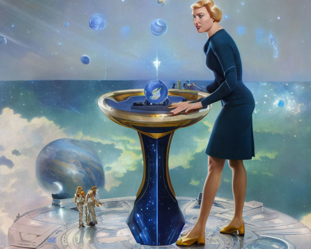 Futuristic stylized artwork with woman, holographic interface, orbs, and miniature figures