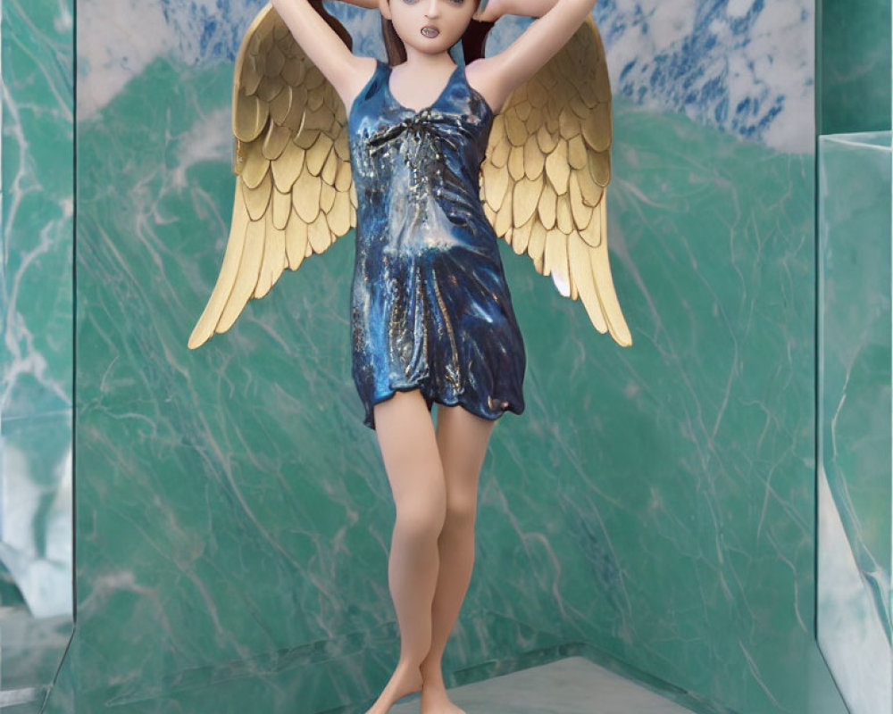 Female character figurine in blue and gold dress with wings on marbled background