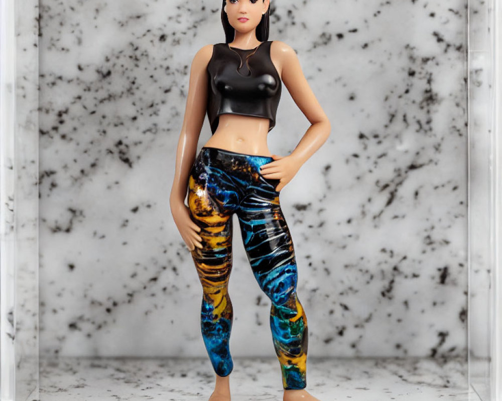 Black Top Doll with Patterned Leggings on Marble Backdrop