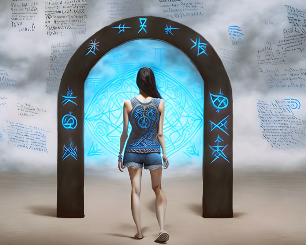 Mystical archway with glowing runes and floating mathematical equations