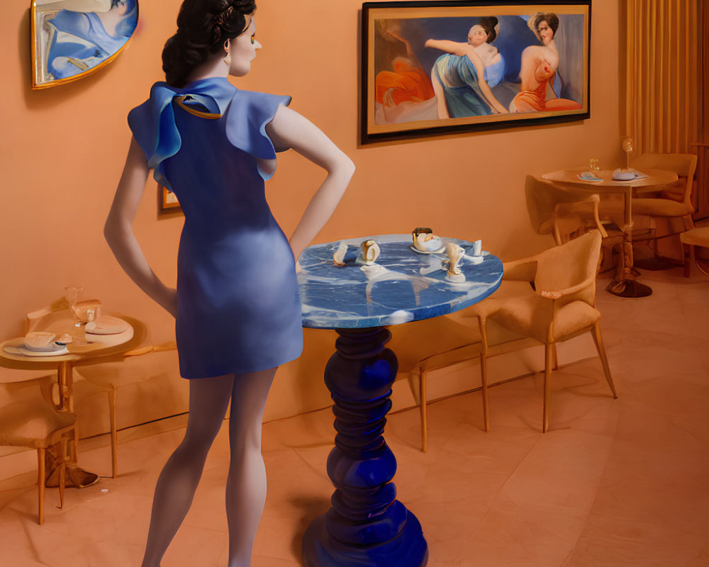 Illustration of woman in blue dress in cafe with orange walls and coffee table