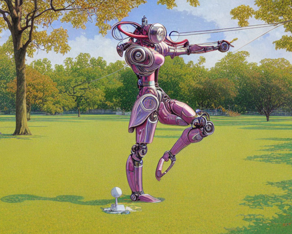 Pink humanoid robot playing golf with another robot in background