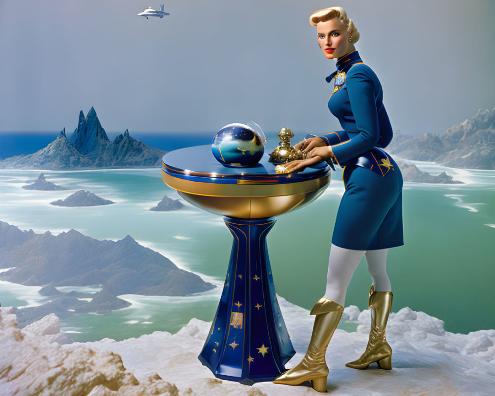 Retro-futuristic woman in blue uniform with globe and icy mountains.