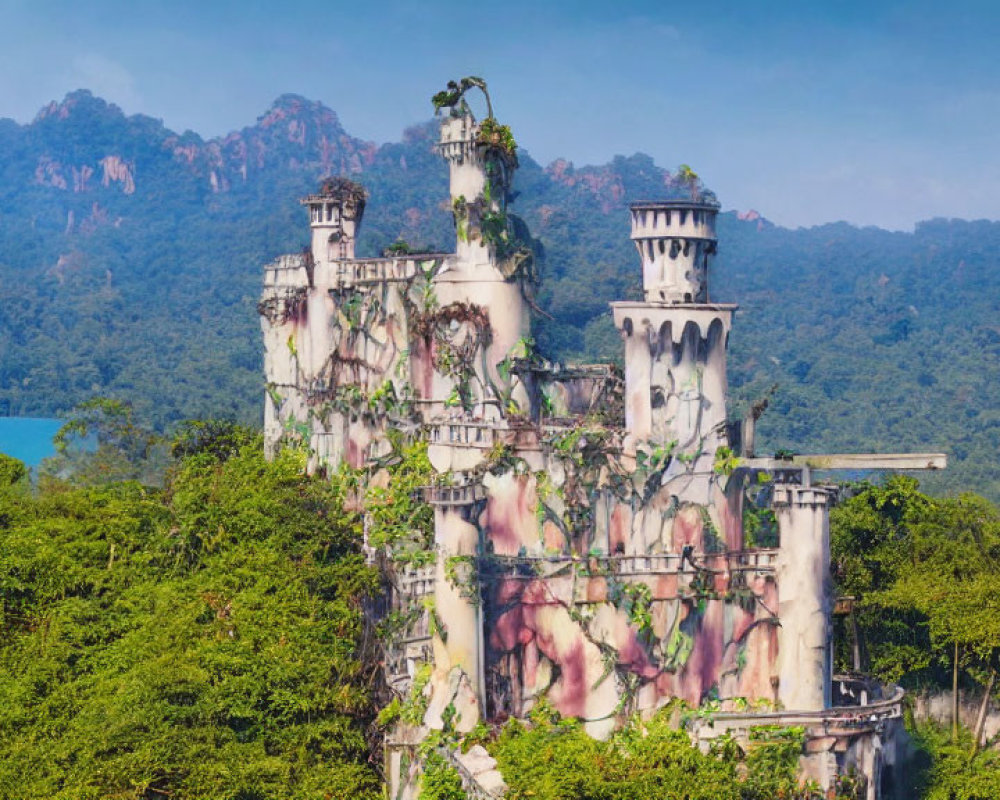 Ruined castle-like structure in lush greenery with towers and mountains.