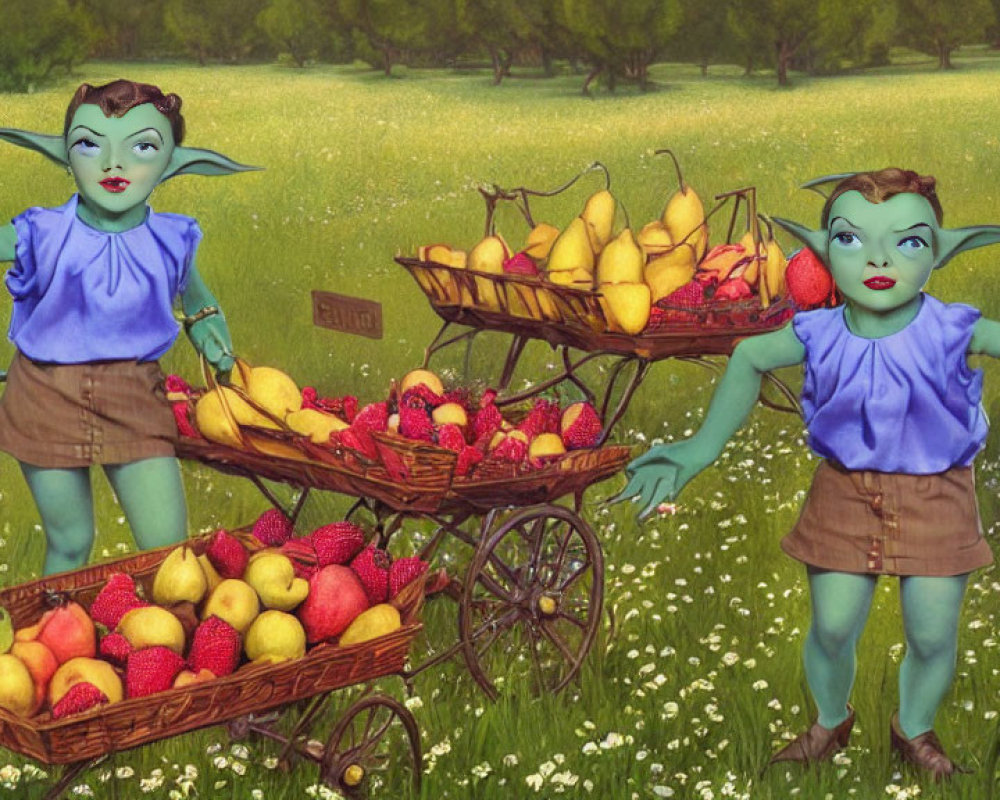 Blue-skinned creatures with pointed ears pushing carts of colorful fruits in a field