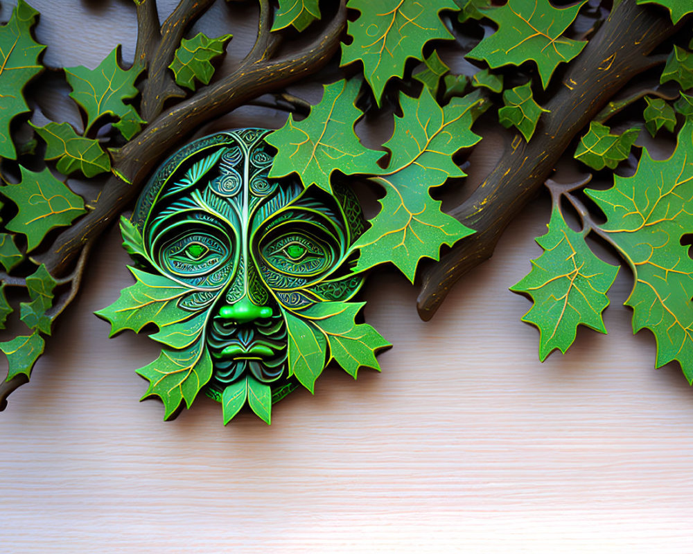 Green leaf-patterned mask surrounded by leaves and twigs on wooden surface