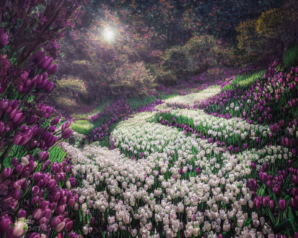 Bright Sunbeam Shines on Purple and White Tulip Garden