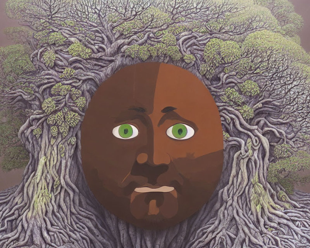 Face merged with tree: Detailed bark hair, green leaf eyes