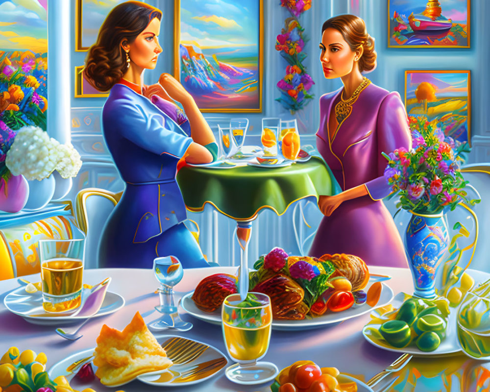 Elegant Women in Vibrant Dining Setting with Pastries and Tea