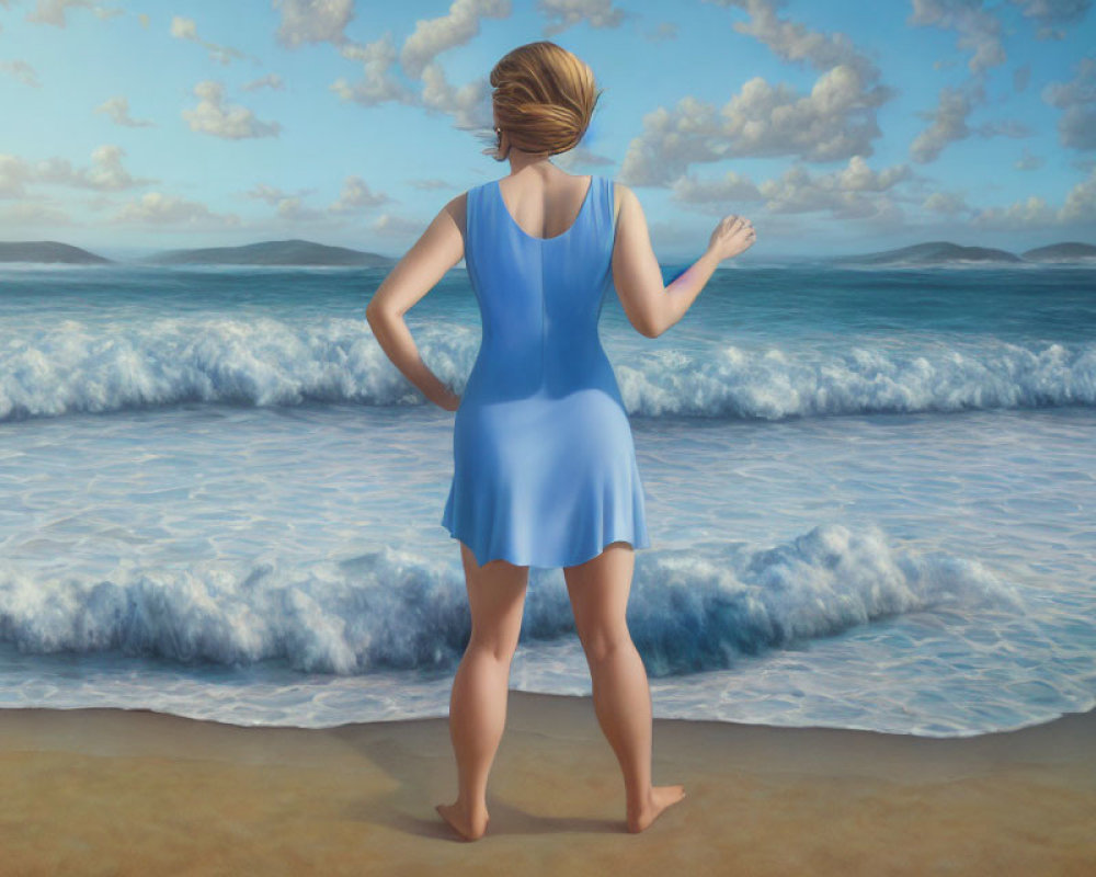 Woman in Blue Dress on Sandy Beach Facing Ocean Waves