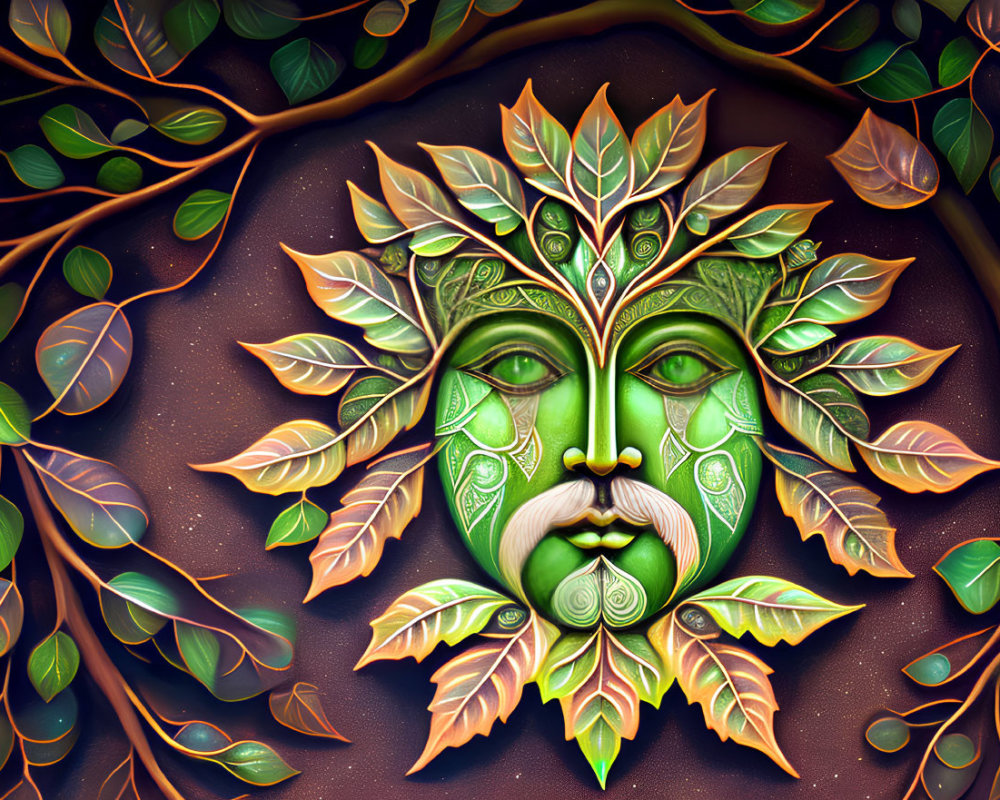 Colorful Green Man Artwork with Leafy Beard and Foliage Features