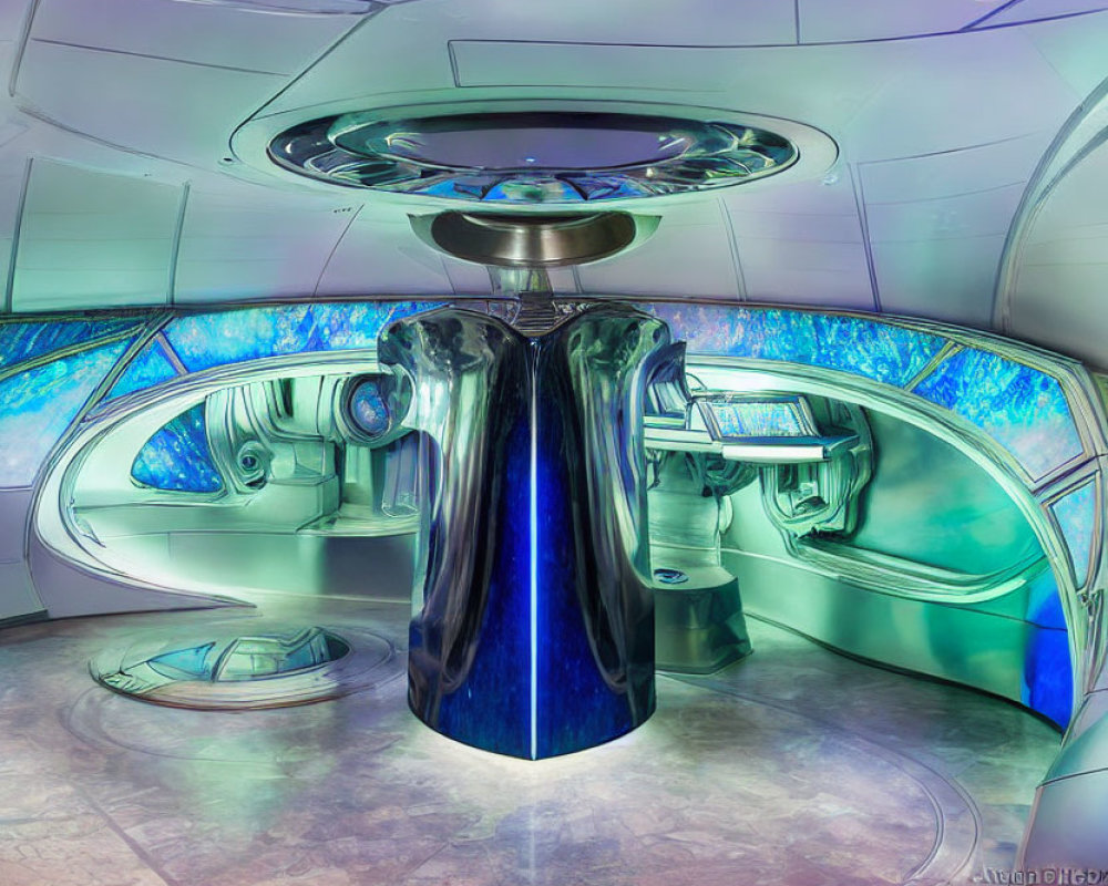 Futuristic sci-fi themed interior with holographic control panel and sleek design