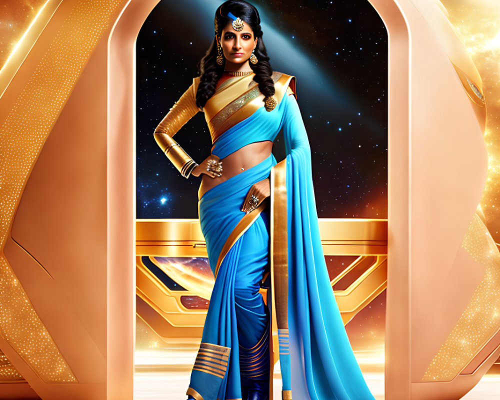 Futuristic woman in blue sari with gold accents against sci-fi backdrop