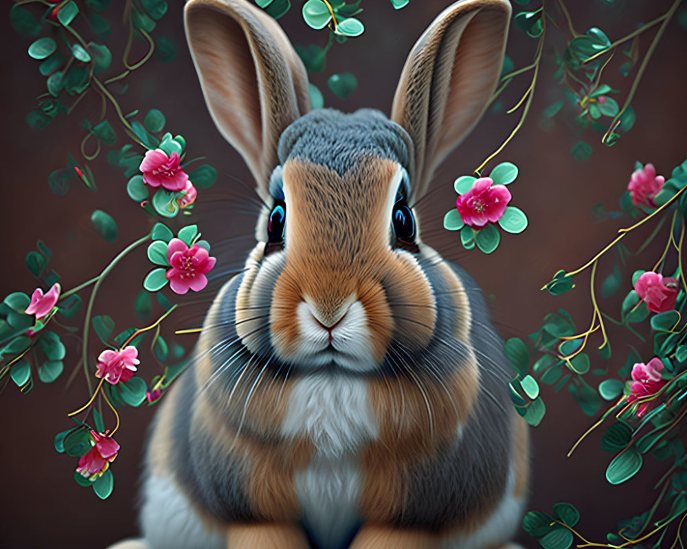 Realistic digital illustration of bunny with pink flowers and green leaves on dark backdrop