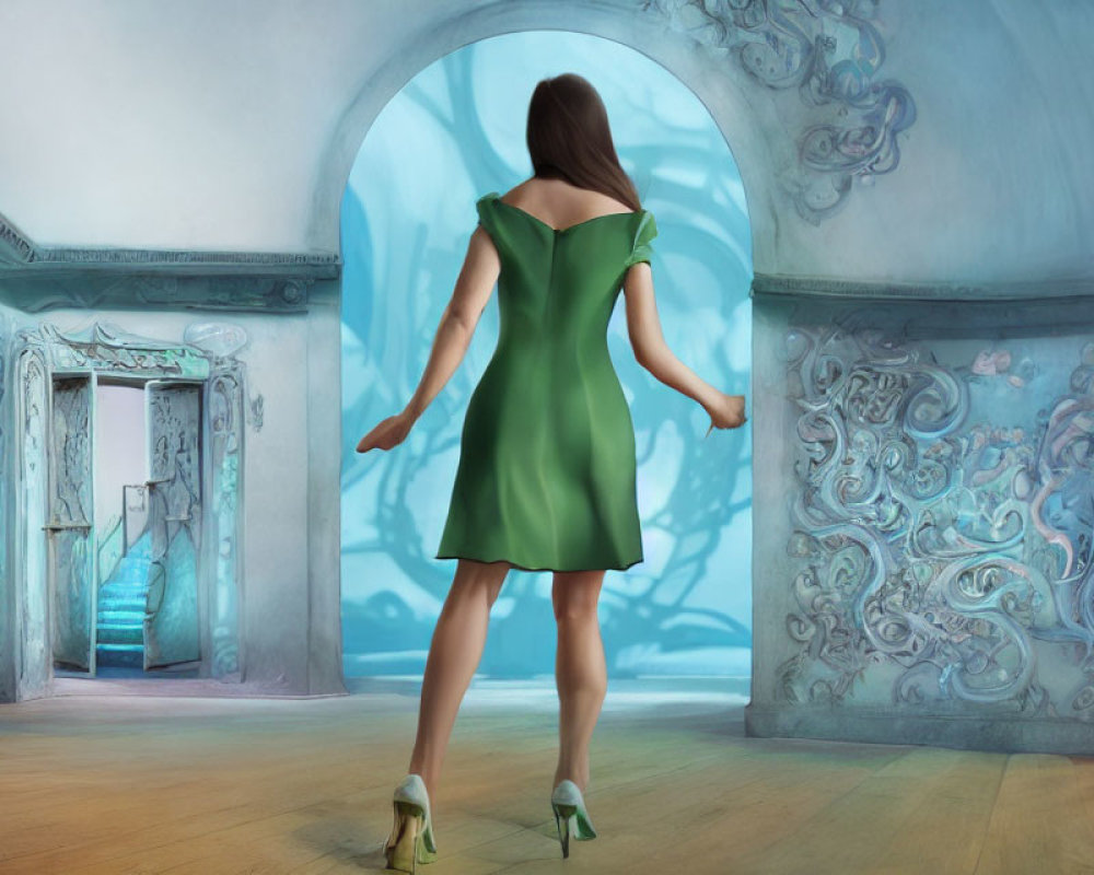 Woman in green dress and heels in surreal room with archway and bright sky