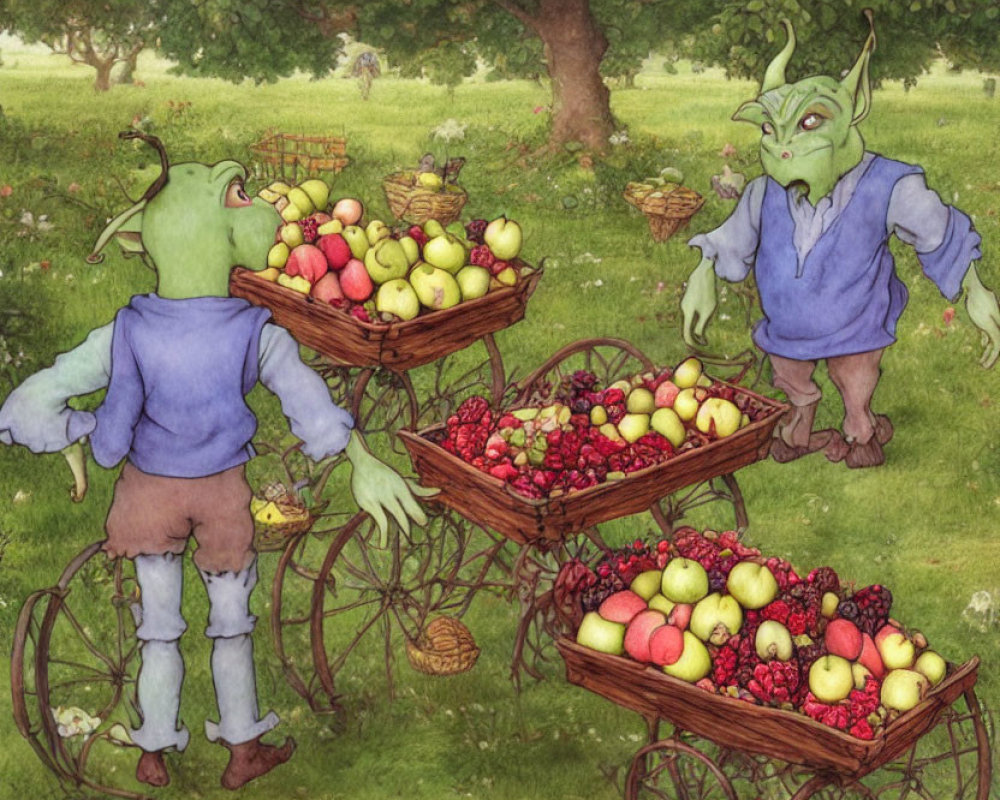 Green goblin-like creatures in orchard with colorful apples and fruit baskets