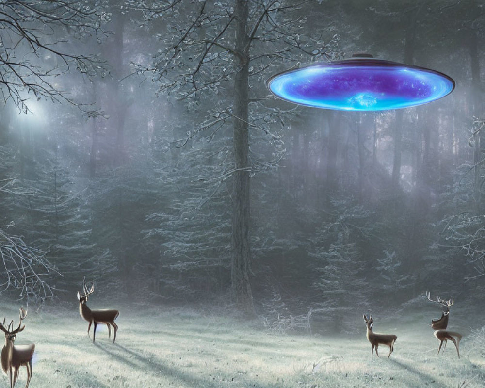 Misty forest clearing with UFO, deer, frost-covered trees