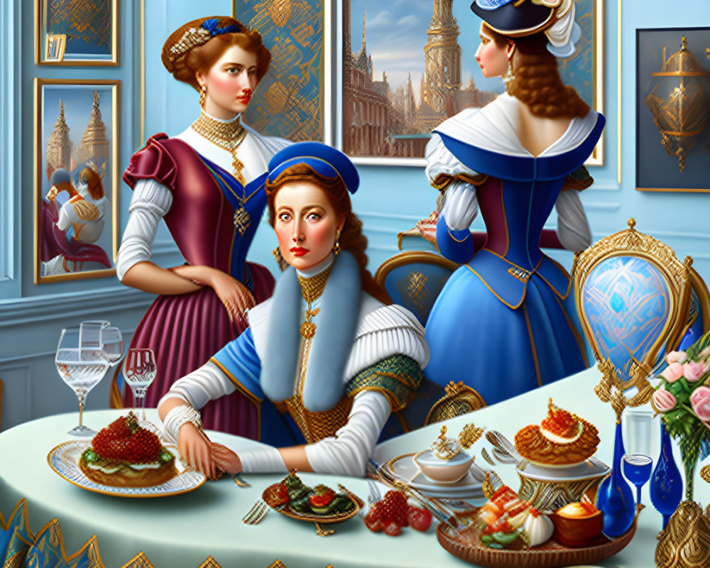 Elegantly dressed women in historical attire dining in luxurious setting