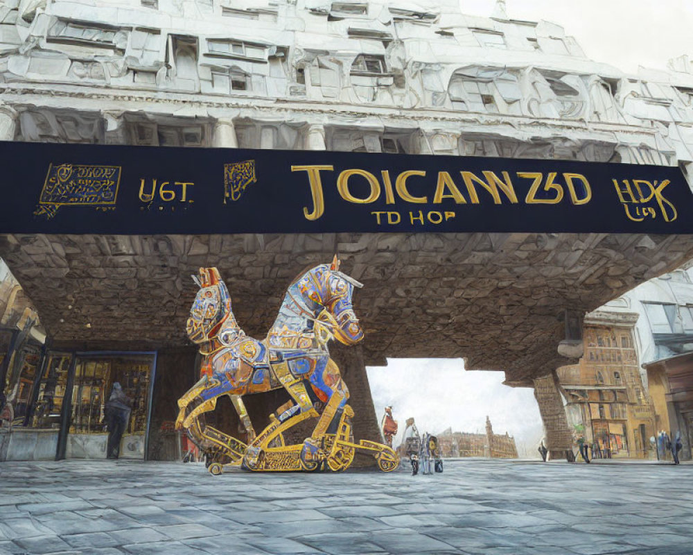 Inverted building facade with robotic horse and carriage on cobblestone street