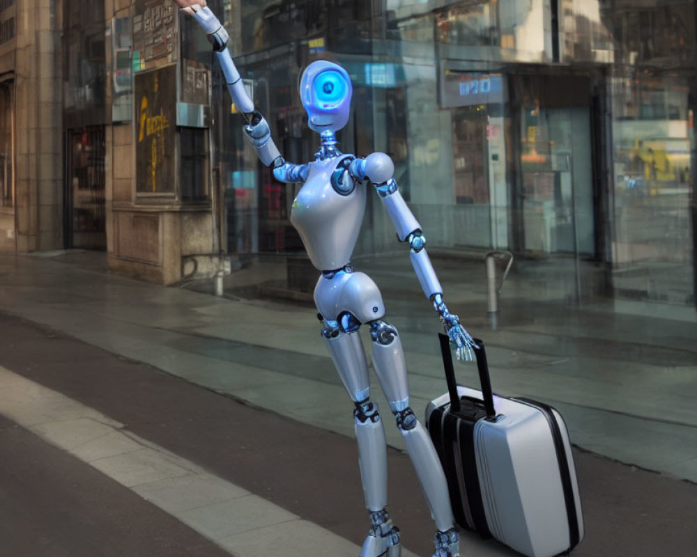 Glowing blue-faced humanoid robot hailing taxi with suitcase on sidewalk