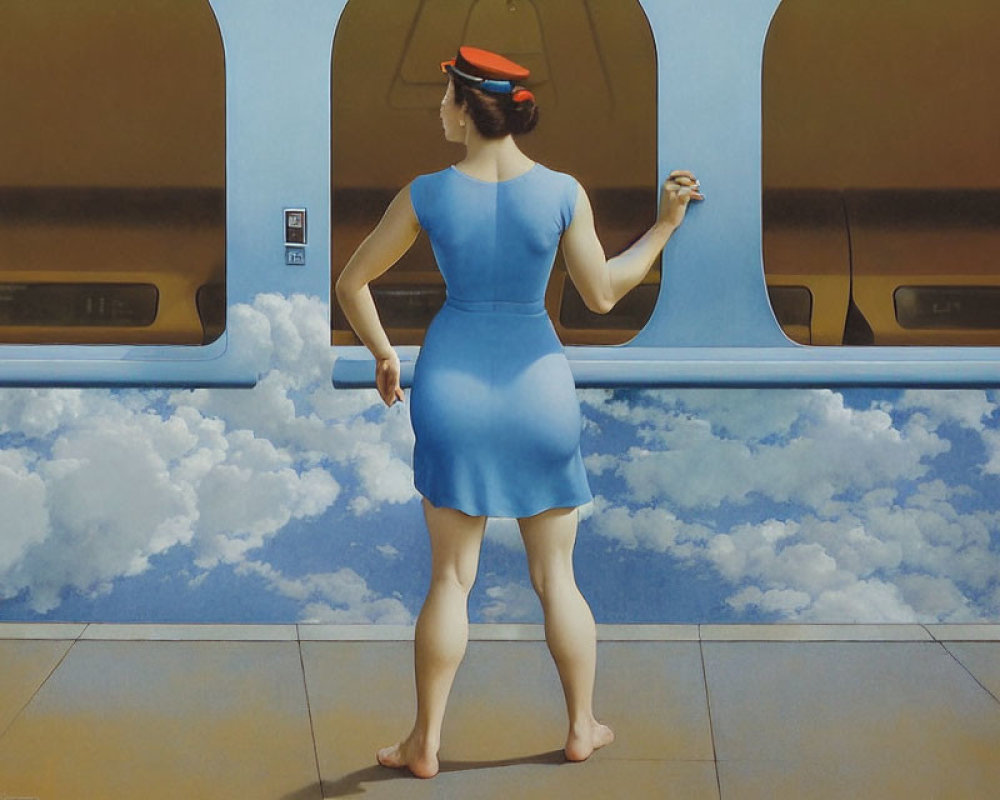 Woman in Blue Dress and Red Hat Holding Flower at Surreal Train Doorway