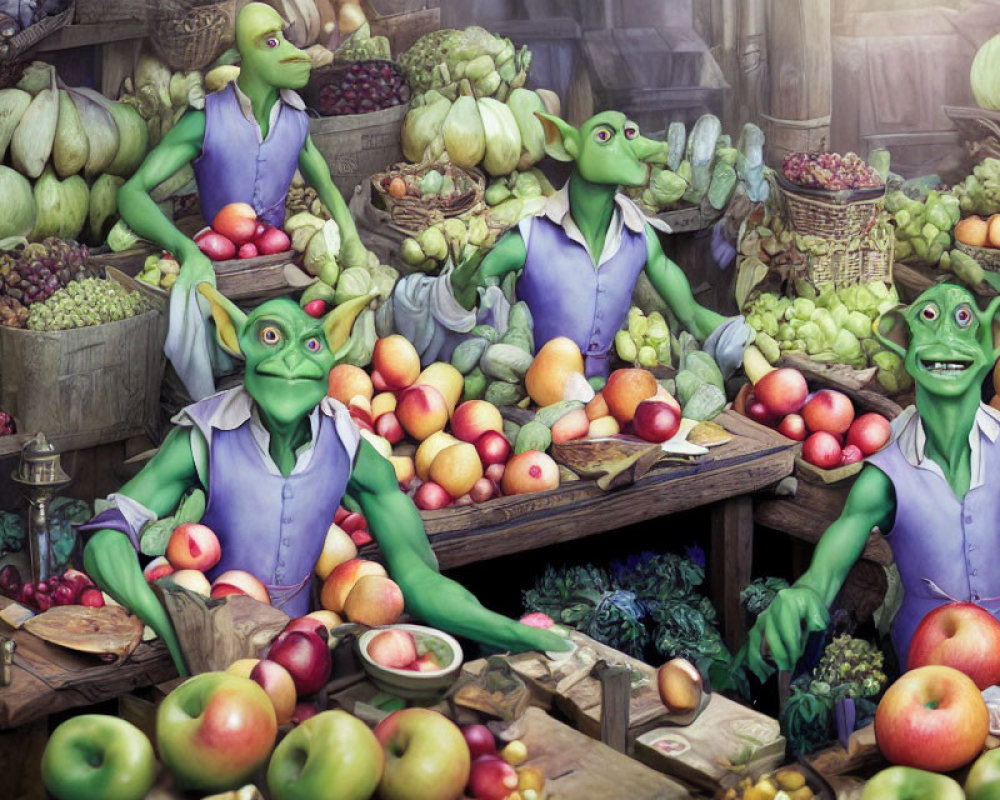 Animated goblin creatures selling fruits at wooden stall in rustic setting