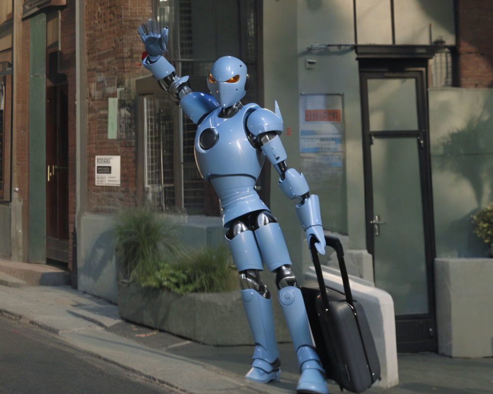 Sleek Blue Humanoid Robot Waving with Briefcase on Sidewalk