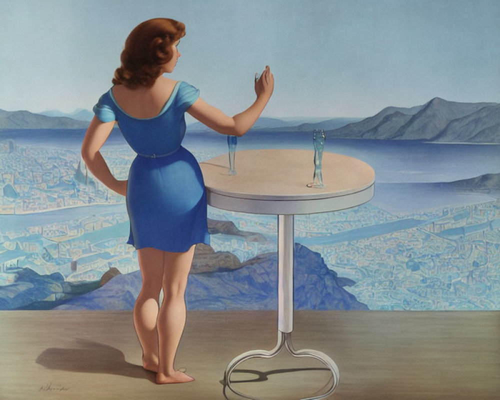 Woman in Blue Dress Admiring Coastal Cityscape from Round Table