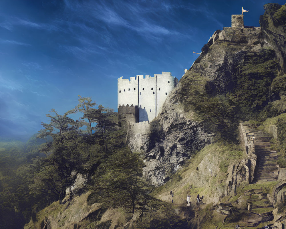 Stone castle on forested hill under clear sky with path to gates