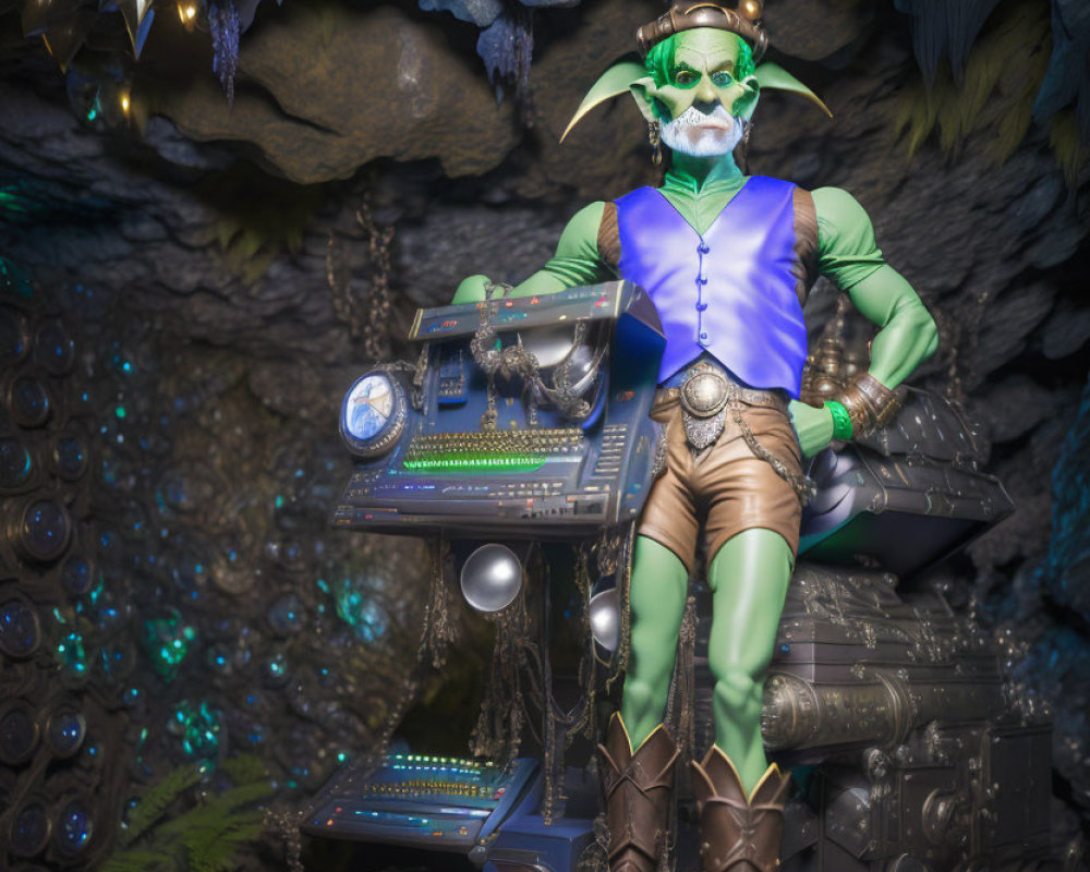 Green-skinned character with cybernetic accents at futuristic cave console