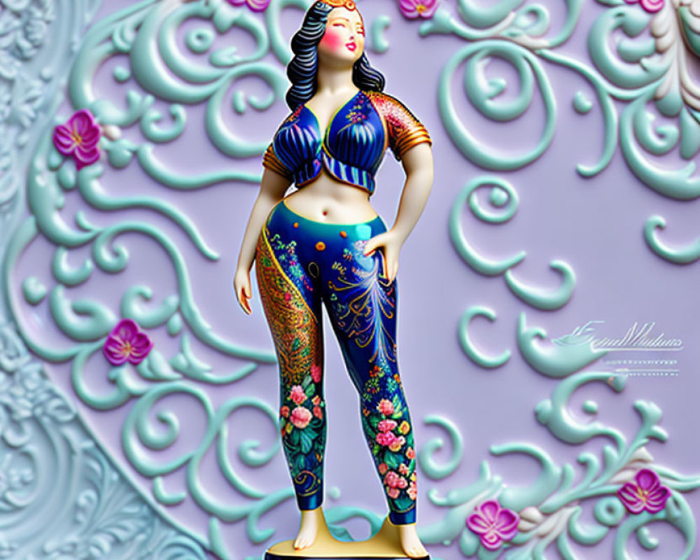 Colorful porcelain woman figurine with floral patterns on clothing against embossed background