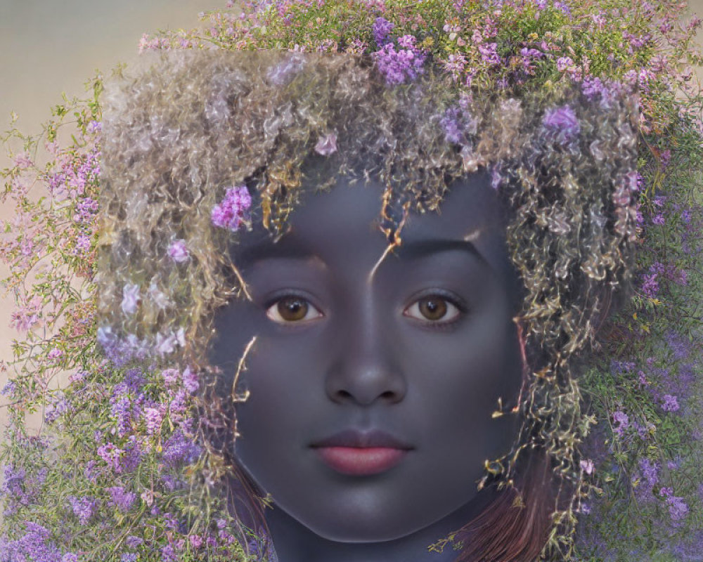 Digital painting of woman with floral hair merging with nature-inspired background