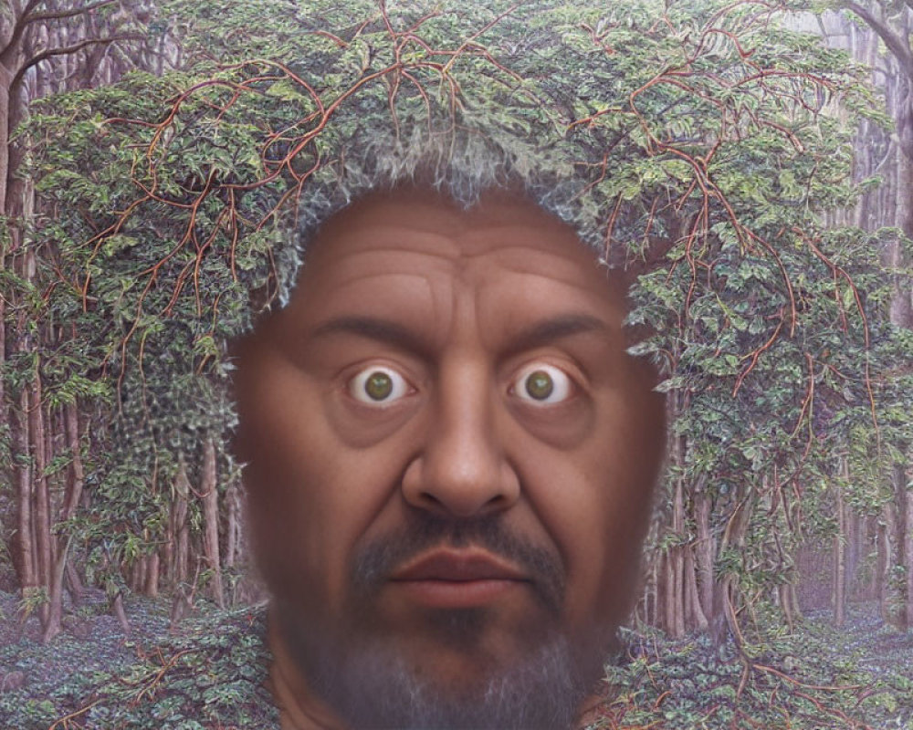 Man's face merged with forest elements in surreal image