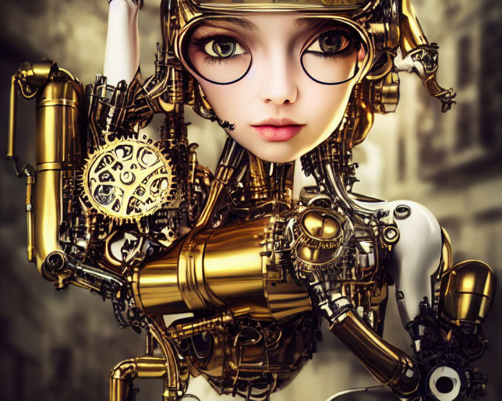 Detailed humanoid robot illustration with golden mechanical features and expressive eyes on cityscape backdrop.