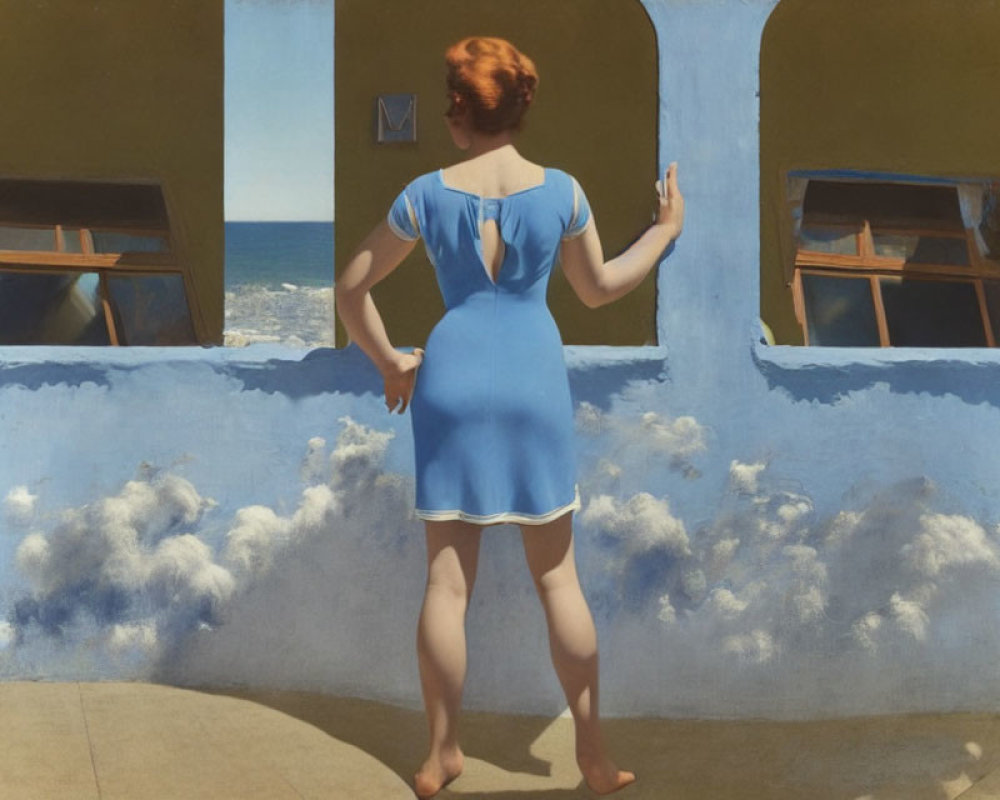 Woman in Blue Dress on Balcony Overlooking Sea