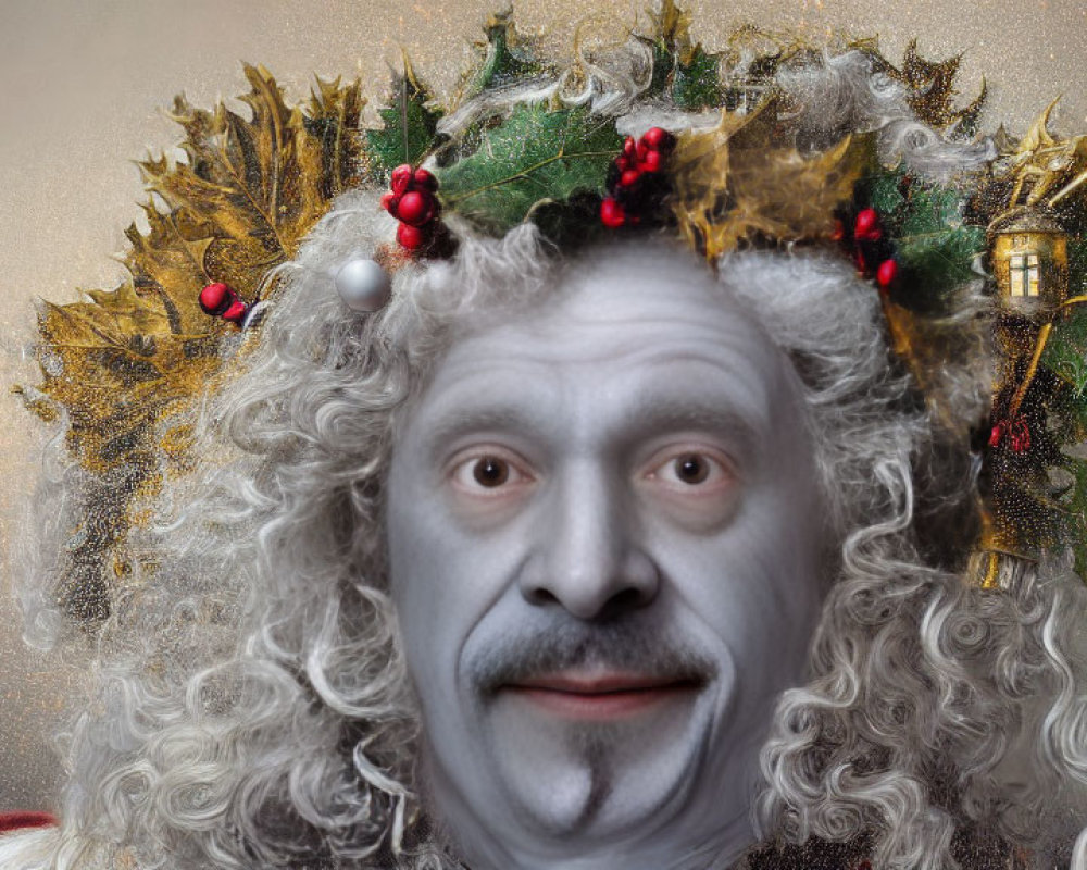 Person's face merged with classic portrait in festive crown