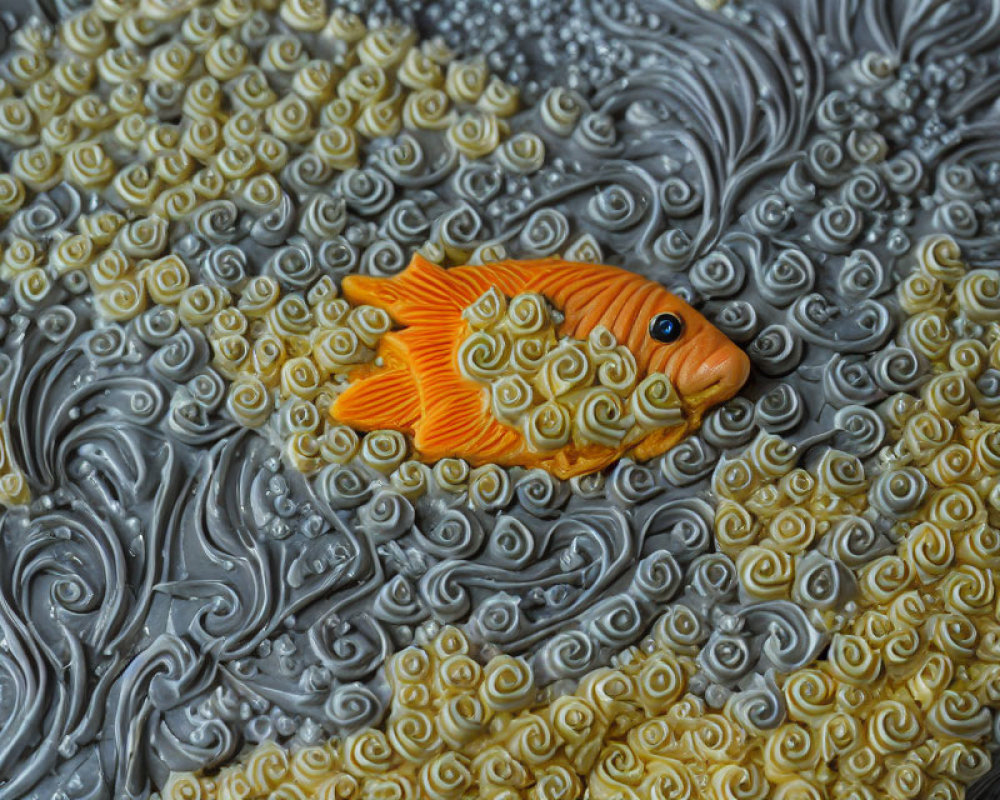 Intricate orange fish-shaped piece on textured gray and yellow background