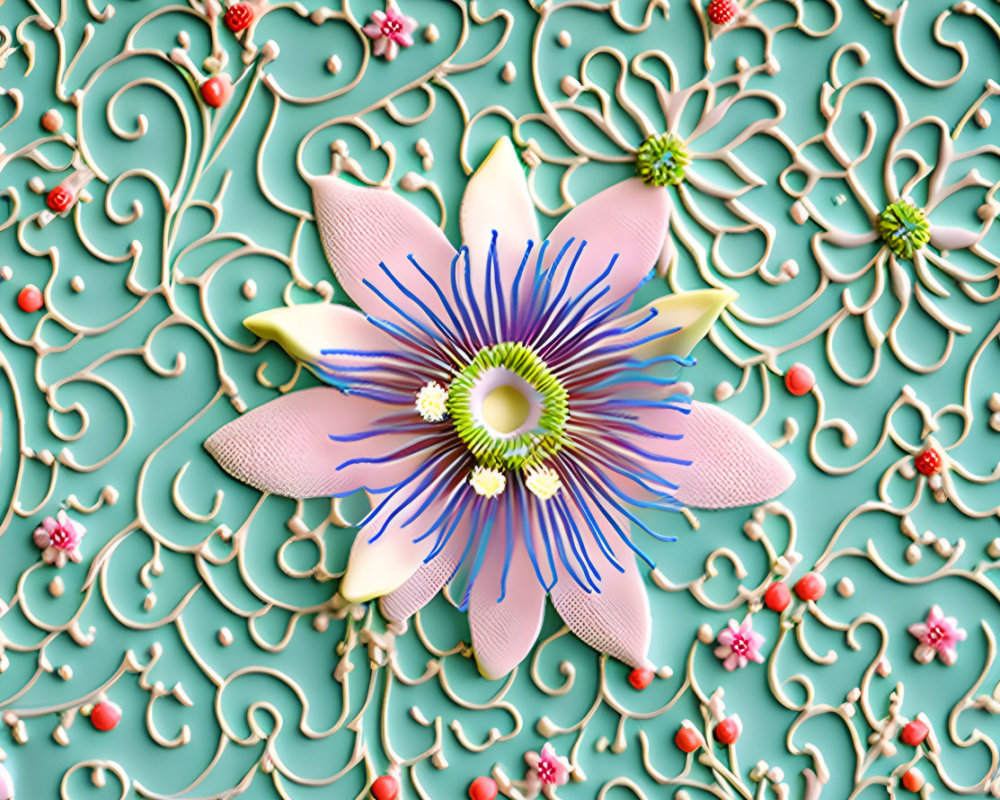 Stylized pink flower with blue and yellow stamen on teal background