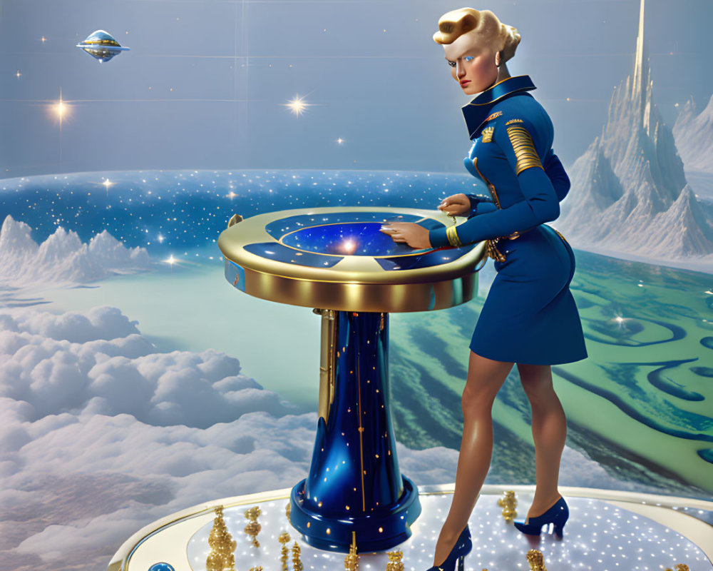 Futuristic female figure in blue uniform at holographic console above clouds