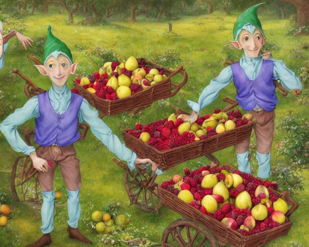 Illustrated elves with fruit baskets in green orchard