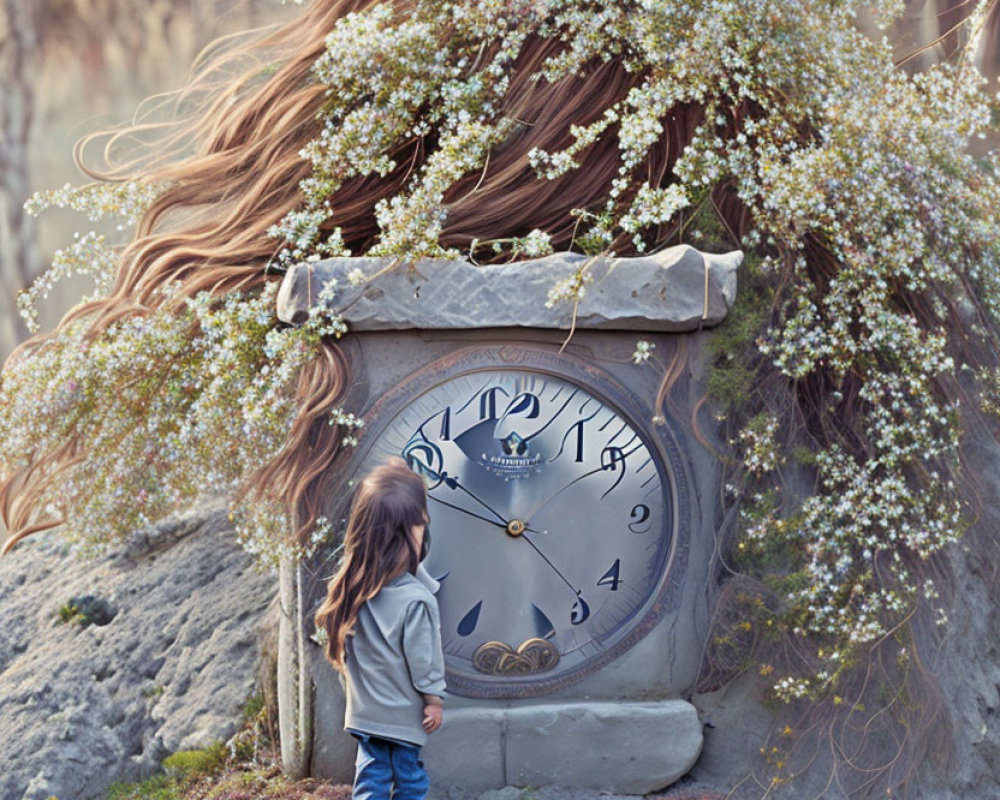 Child in front of ornate clock with flowering vines